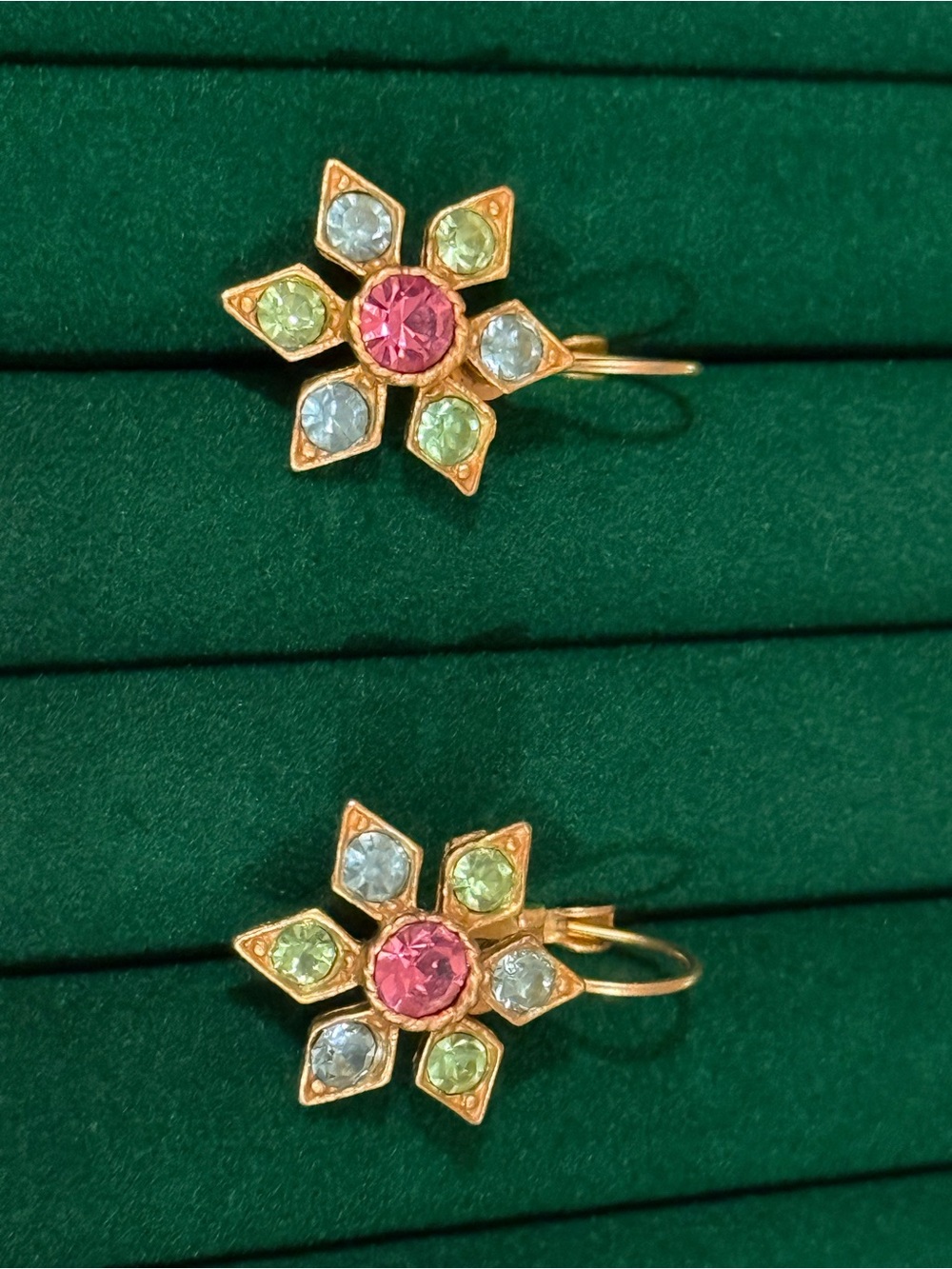 Made in USA Gold-Tone Floral Earrings with Pink, Green and Light Blue Stones